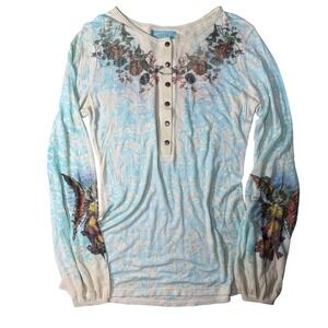 Butterfly Dropout Thermal Top long Large Blue Ornate Angel Baroque Henley AOP